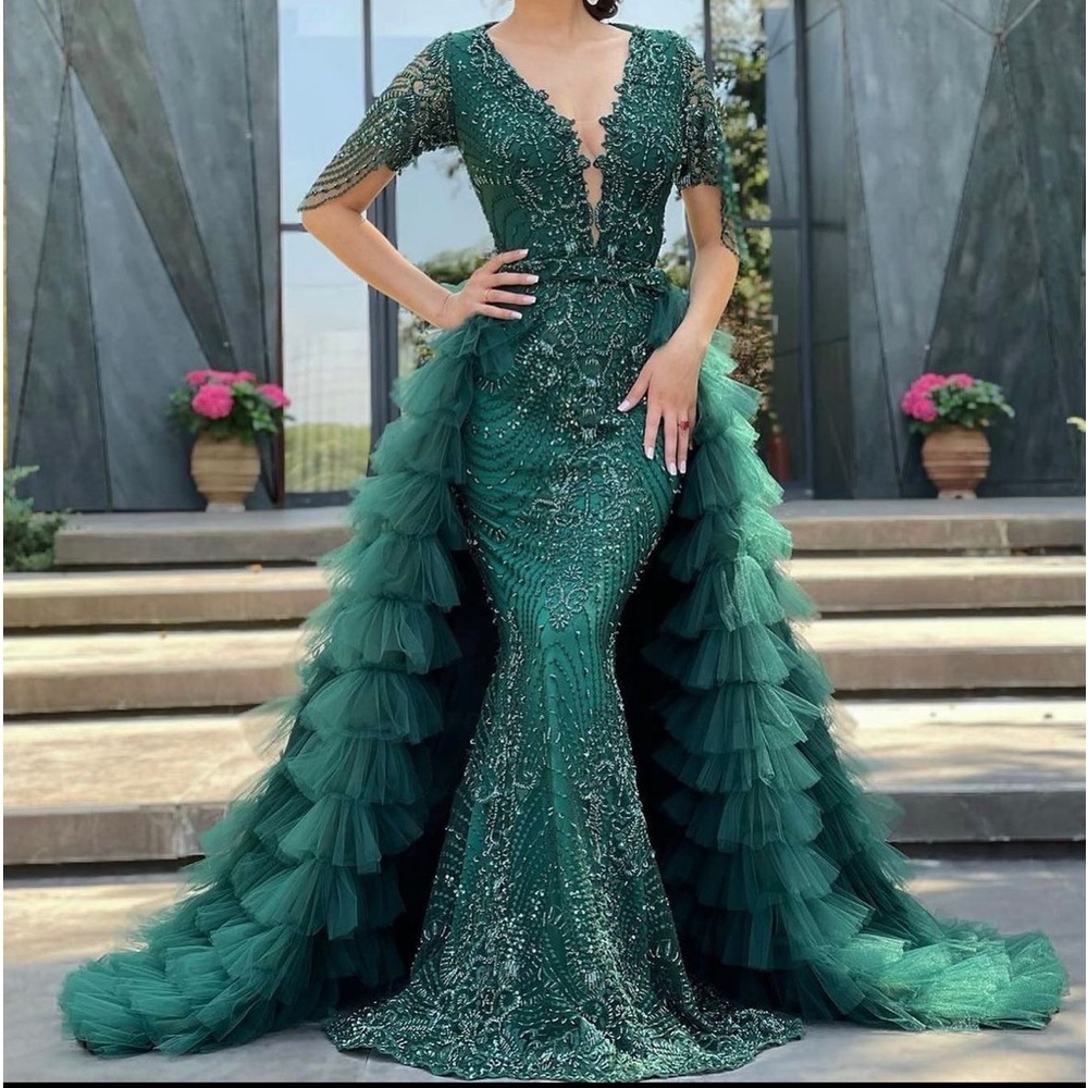 Heavy beaded Designer Handmade detachable train hand beeded beautiful green gown